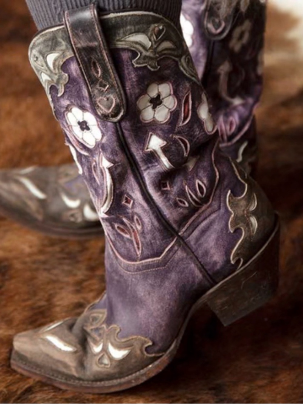 Dan Post Purple Floral Embroidered Western Boots with Cream Accents